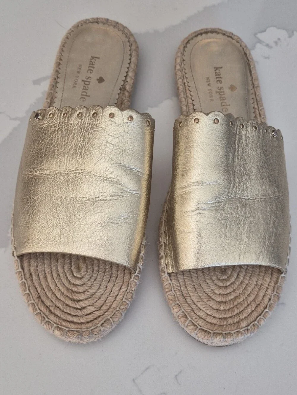kate spade Metallic Gold Scalloped Leather Espadrille Slides